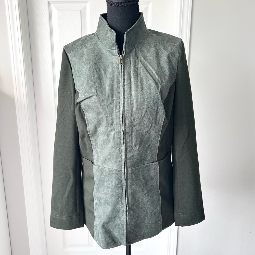 Avon  Olive Green Knit Sleeves Leather Jacket Full Zip